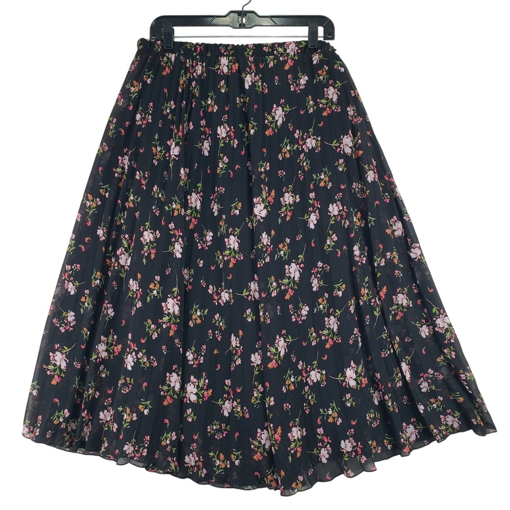 Vince Camuto Floral Cottagecore Pleated Midi Skirt Womens XL Black Boho - Picture 1 of 8